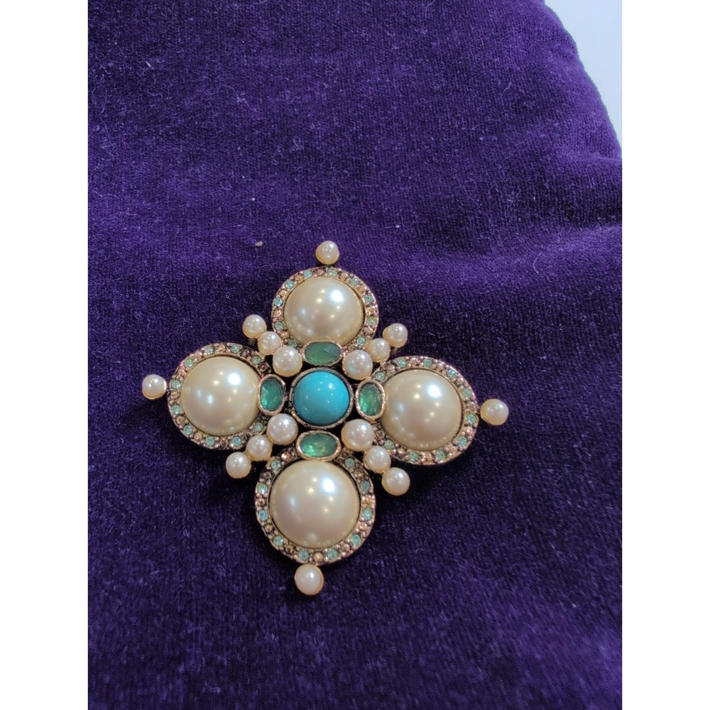 Vintage Monet Gold Tone Faux Pearl Faux Turquoise Green MALTESE CROSS Brooch